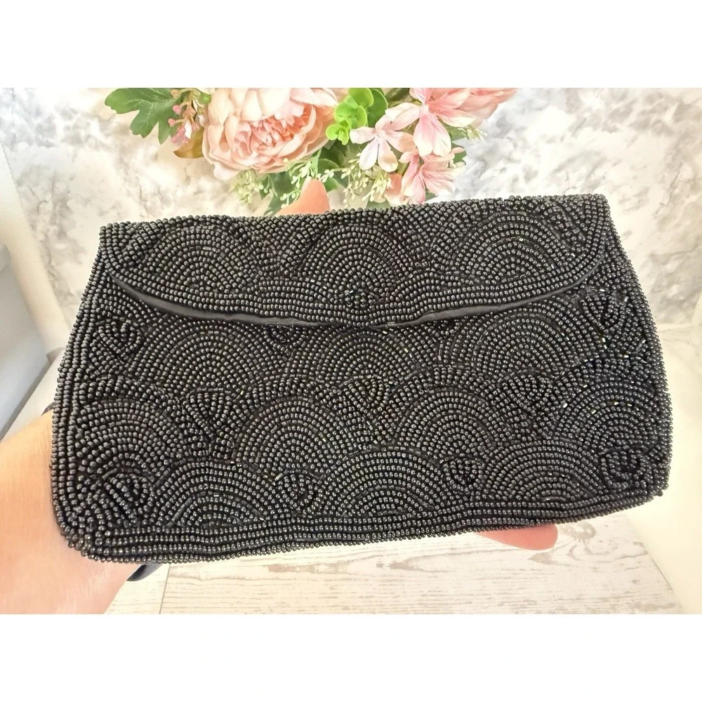Hato Hasi Black Beaded Vintage Japan Satin Lined Clutch Evening Formal Purse EUC
